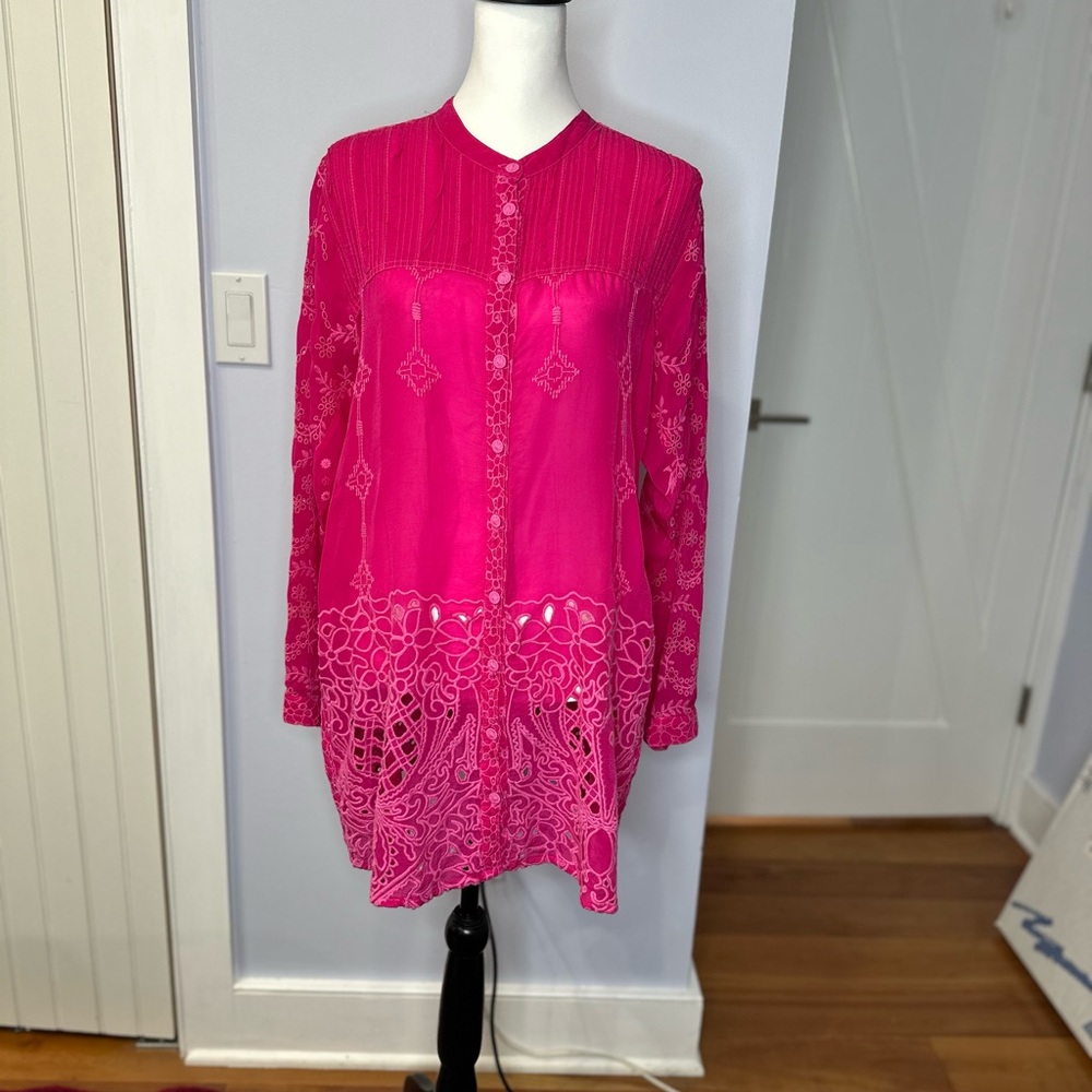 Johnny Was Vibrant Pink Embroidered Long Sleeve tunic.  Size L.  Like new!